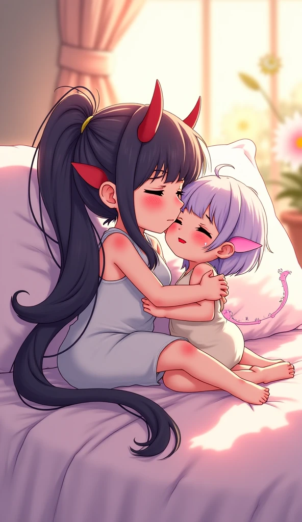 score_9, score_8_up, score_7_up, score_6_up, score_5_up, score_4_up, (source_anime), 2girls, size difference, breast sucking, small breasts, giant woman, a little ??? girl, breast milk, Full body , bedroom, Night, succubu, Lights out, dark, Dark room, no lighting, big tits