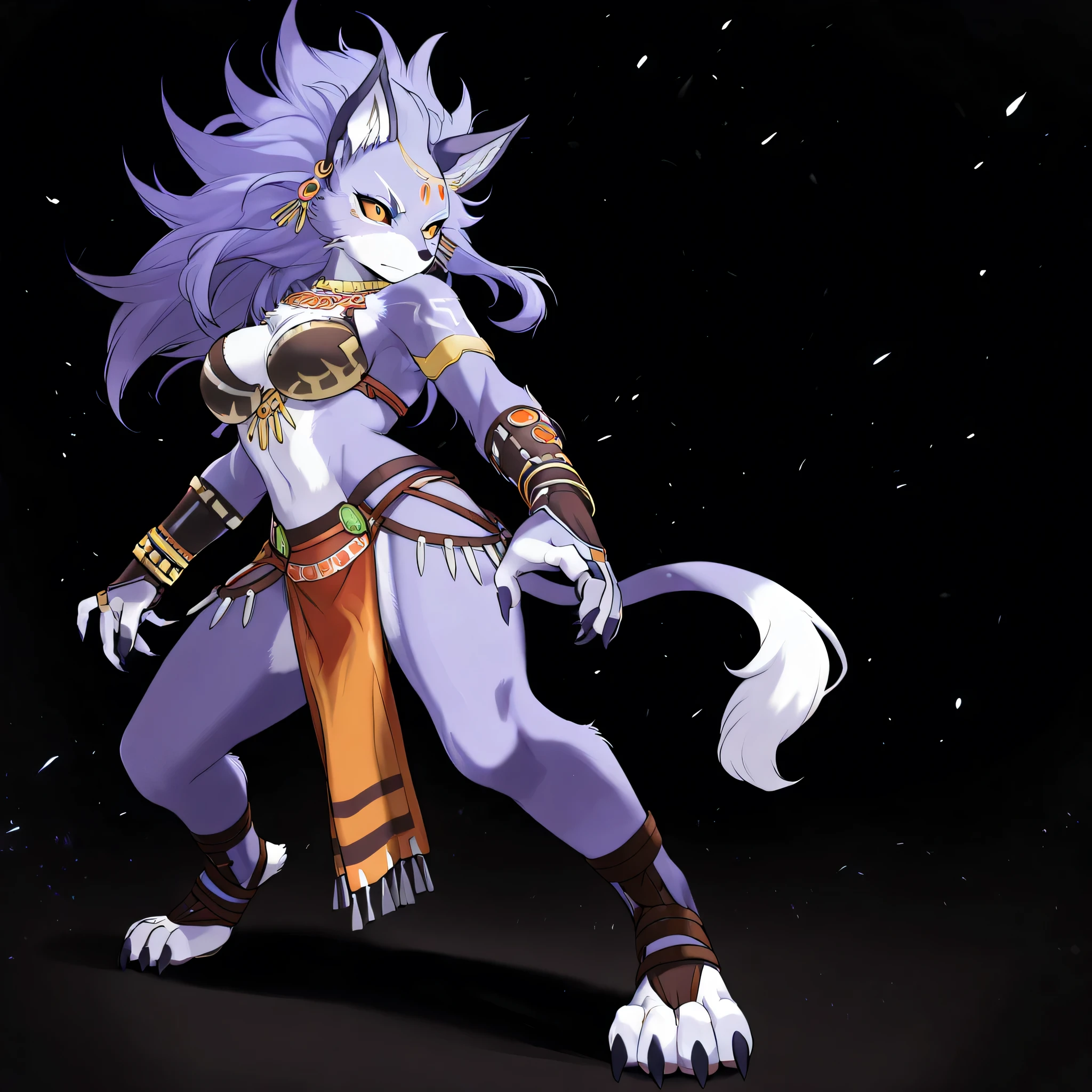 masterpiece, best quality, anime style, anime shading, full body picture, centered, single focus, ((three quarter view)), ((single view)), 1girl, ((alone)), bellad, furry female, tail, breasts, animal ears, body fur, claws, colored sclera, bracelets, snout, earrings, jewelry, ((dark background)), standing pose, score_9_up, score_8_up, score_7_up, score_6_up, score_5_up