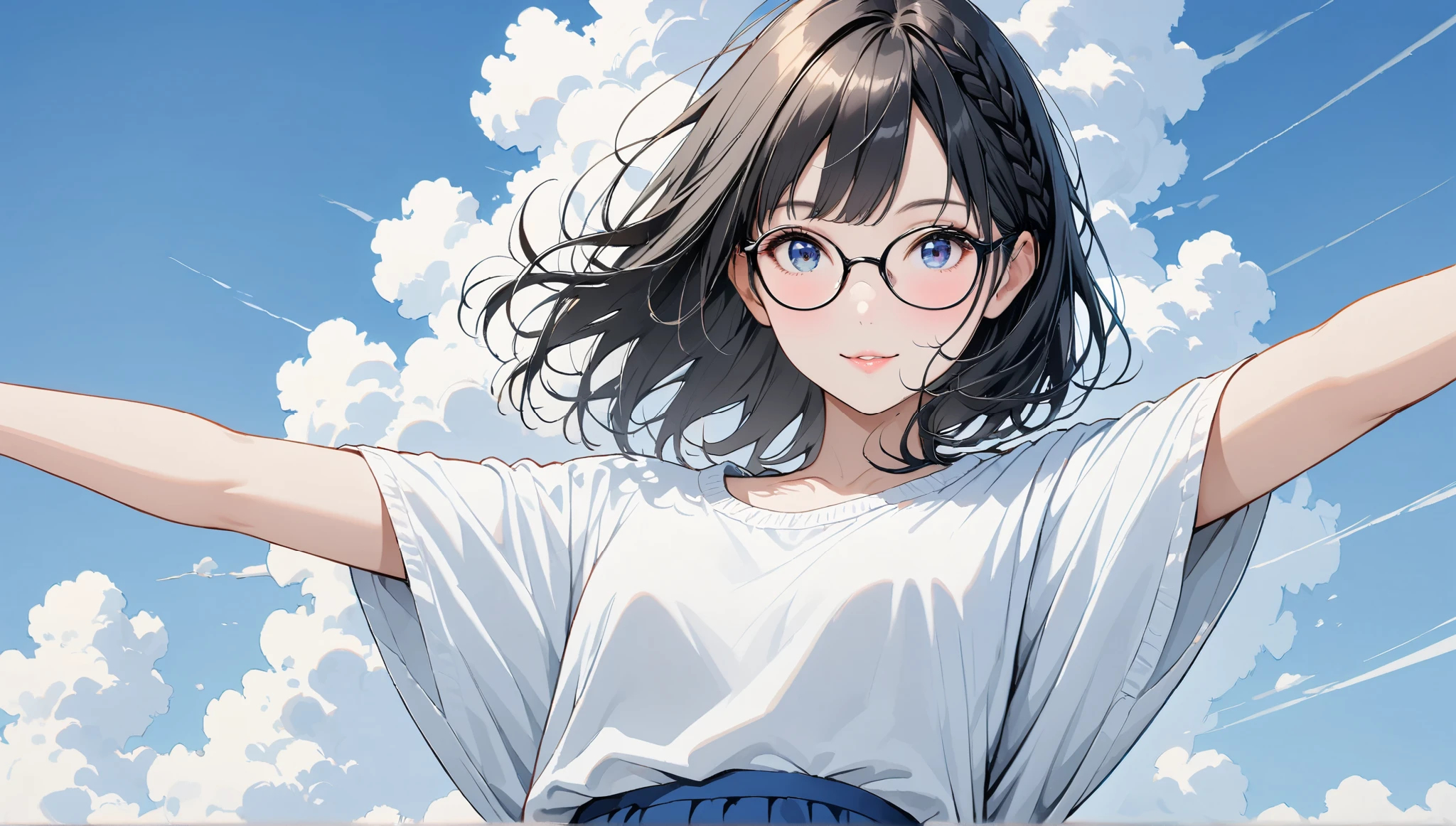 ((cloud))、((alone)),((blue sky background)),wind、((spread both arms)),(( fingertips)),((Front View)),Smile,((black hair braid long hairstyle)),(((black rimmed glasses))),masterpiece, Highest quality, Beautiful attention to detail, Very detailed, In detail, High resolution, ((white blouse、blue skirt))),Perfect Anatomy, , , girl, (one person:1.5), alone, (), (),  Full map、