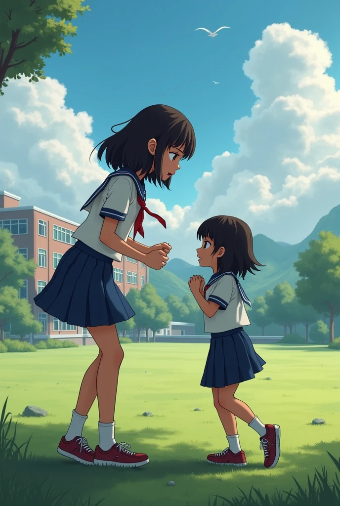 ((best quality)), ((masterpiece)), (detailed), Over the course of six years, the legs of a short Japanese junior high school girl grow significantly longer, turning her into a taller high school girl. The upper body size of junior high school girls remains the same, only their legs grow longer. 2 photos, before and after, cute girl, in the park, uniform, miniskirt, {{ {{{140cm⇨170cm}}}}}}, sexy