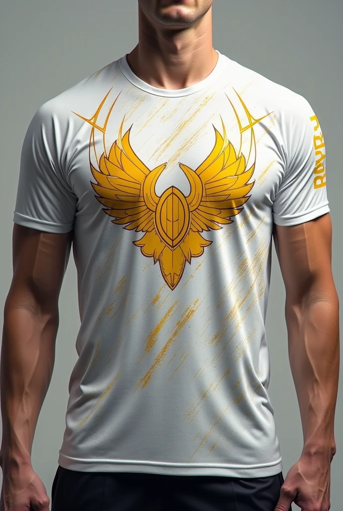 A mockup of a white and gold sports t-shirt, front and back. Front and center, a strip of embellishments that goes from the collar to the bottom hem of the shirt, with a space in the middle to place the player's number.