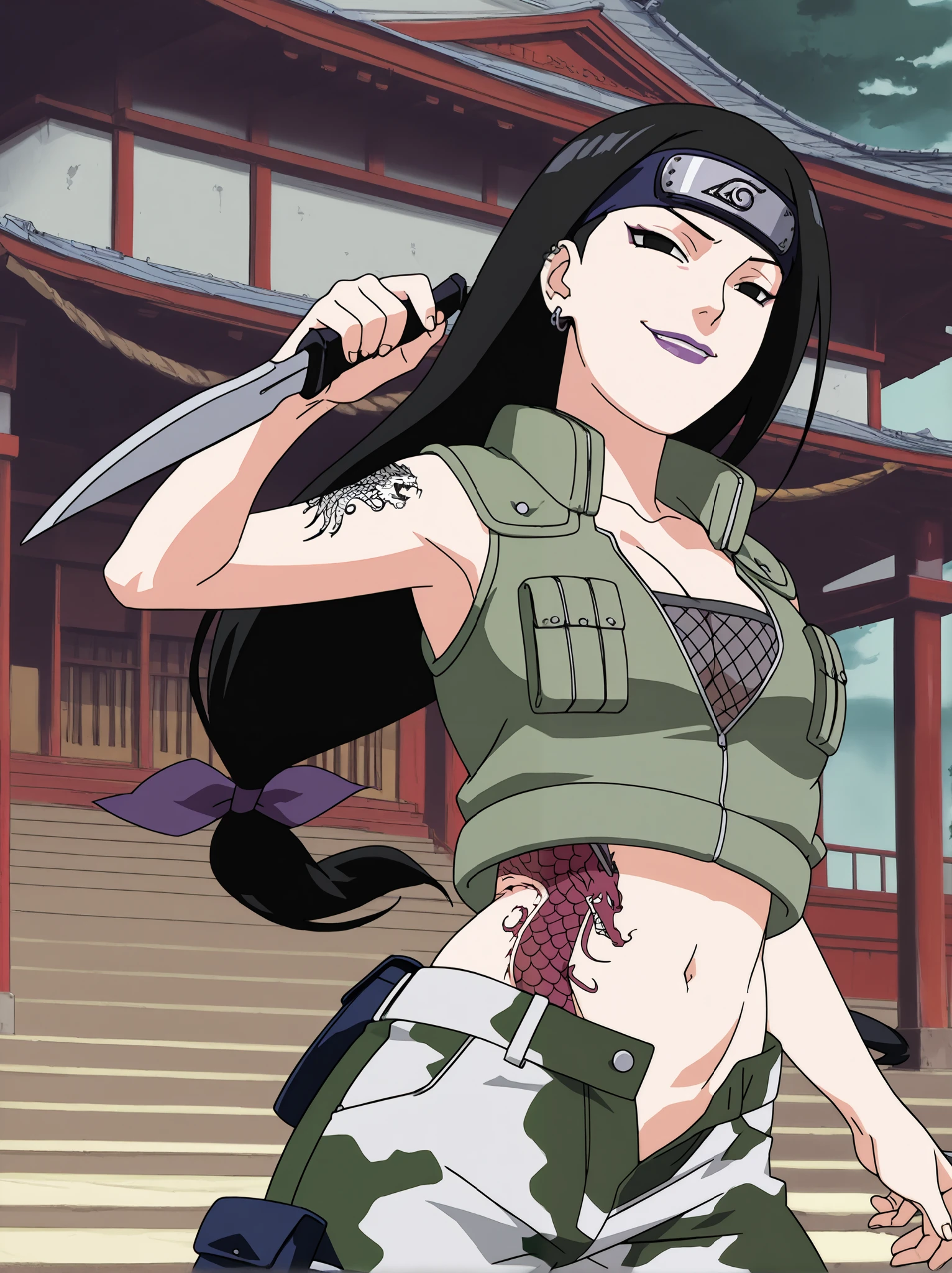score_9, score_7_up, 1girl, solo, kin tsuchi, black hair, low-tied long hair, black eyes, large breast, forehead protector, hair bow, green vest, unbuttoned camouflage pants, open fly,,, ear piercing, long hair,, lipstick,Hot girl, baddie, sensual, attractive, midriff, , evil expression, exposed belly, exposed navel, exposed midriff, exposed lower belly, bellybutton , evil smile, smile, cleavage,, japanese architecture, temple,holding dagger ,dragon tattoo, narrowed eyes, tattoo midriff, Naruto Style