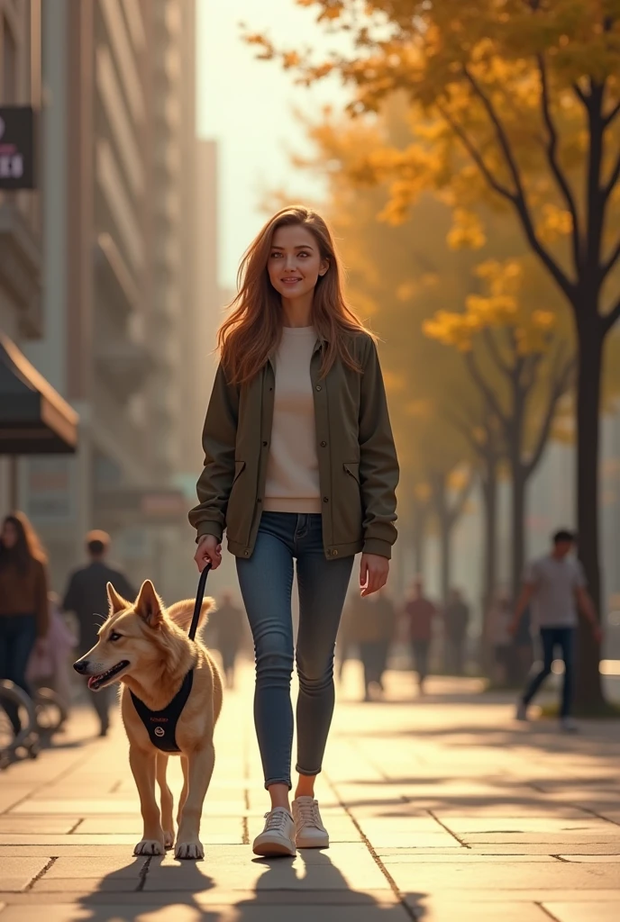 Woman walking a dog with identification for emotional support