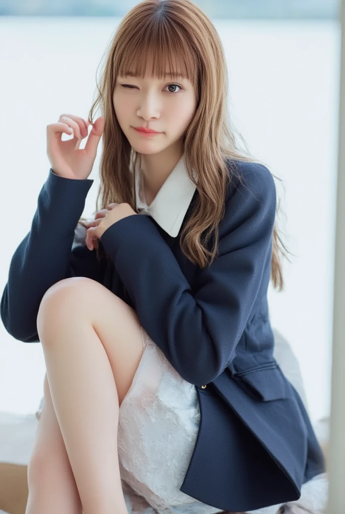 a girl sitting on the floor with her knees up, looking directly at the camera, wearing a white panty, blazer jacket, long hair, realistic, photography, cute