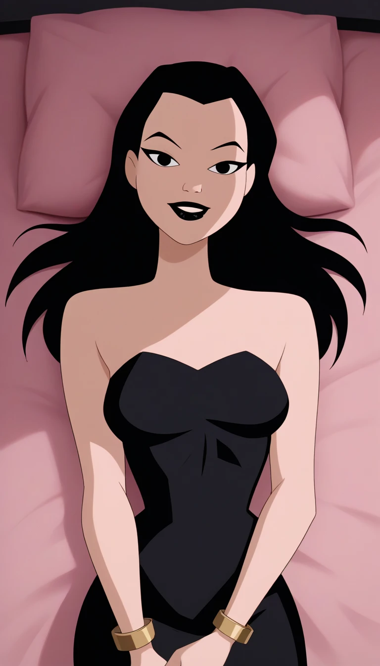 Beautiful, masterpiece, Best quality, very detailed face, moonlight, 1 girls, kiss, perfect body, seductive, pomade, I look at the viewer, wide hips, Medium breasts, black hair with white lines,Long flowing hair, lip shape:ruby, (Body shape:Scales), see-through peignoir,Black peignoir, girl horny, full length, lying on the side, Sexy, Bedroom, Naked
