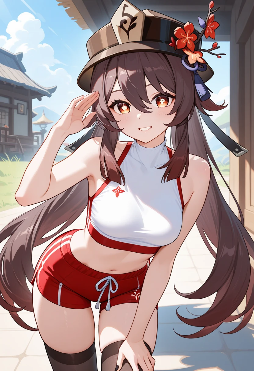 hakurei reimu、美丽的面容、embarrassed from、Highlights in the eyes、petite body type、(track uniforms)