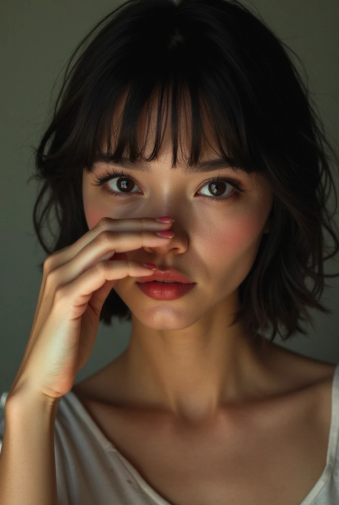 black hair, realistic, short hair, solo focus, 1girl, shirt, black shirt,( closed eyes:0.9), 1boy, lips, simple background, out of frame, red_nose,Film, freckles,(eye makeup:1.3), Lipstick,gloss,suffocation,
