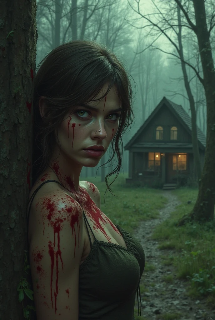 dead girl climbing out of a hole in the ground with bloodied body, 19 years old, wide sad eyes, black hair, whitish eyes, expression of pain, bloody puddle, bloody dress, filthy torn dress, filthy dark basement full of garbage, darkness, fog, mist, creepy, UHD, high details, best quality, highres, 8k