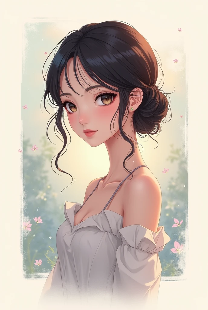 Anime Style、Elegantly dressed anime woman in natural light、A close-up of her chest and calm expression.、Showing her outer charm。