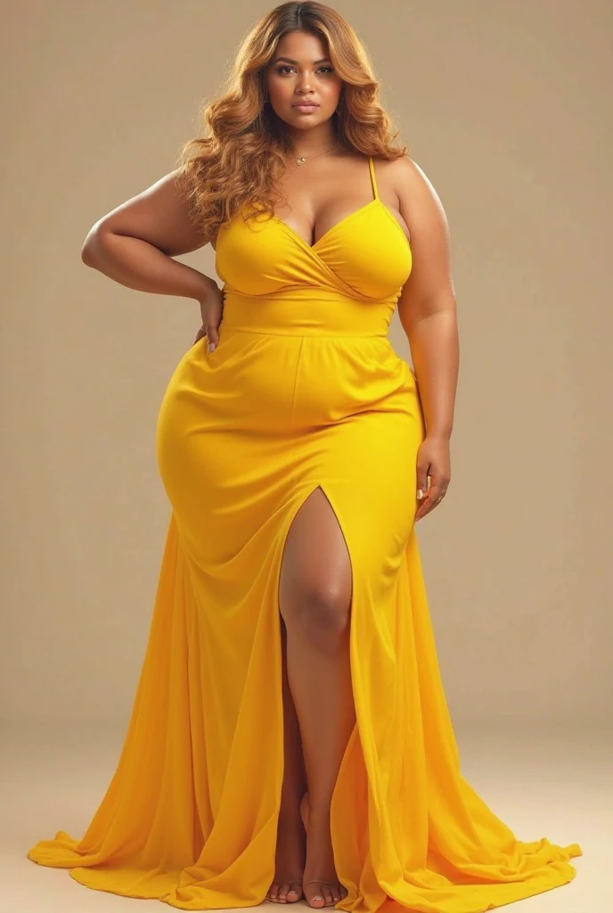 The AVN Award for Sultry Plus-Size Exhibitionist Amorous MILF with voluptuous breasts and deep V-neck blouse cleavage, adorned in a satin-like vibrant yellow dress with an off-the-shoulder neckline and puffed sleeves. Her look embodies the sensuality of Brazzers and Vixen as she graces the stage with a full-length flowing skirt that flatters her curvy figure.