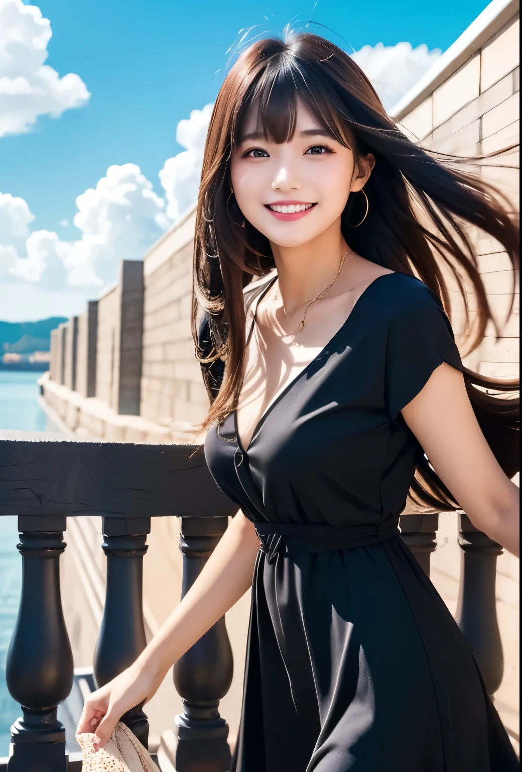 21-year-old Japan woman、Long brown hair、Messy Hair、(8k, Highest quality, masterpiece: 1.2), (Realistic, photoRealistic: 1.37), Very detailed, Girl Single, cute, alone, Midnight, Beautifully detailed skies, Detailed Cafe, Sitting, date, (blush), (smile: 1.15), Normal size breasts (Mouth closed), Beautiful Eyes, Floating Hair NovaFrogStyle, black dress with open back、slim