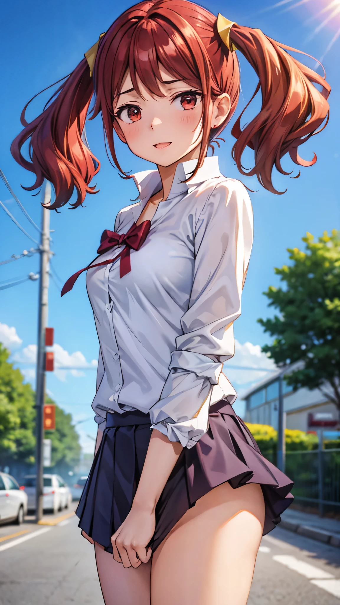 (super quality,super high resolution,16k,Super Masterpiece,Ultra HD ,detailed shading and background,) upper body shot from below,Sexy high school girl,twin tails,white shirt with the sleeve turned back,The Valley of the Chest,red miniskirt,white panties,cover,smile,Open your lips a little,blue sky and sun visible background ,Strong winds,Skirt lifts up,hold down the skirt,stretches legs,