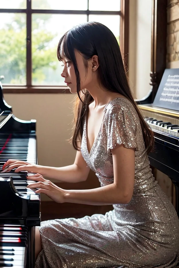 (realistic:1.3), finely detailed, quality, rembrandt lighting, (masterpiece:1.2), (photorealistic:1.2), (best quality), (detailed skin:1.3), (intricate details), dramatic, ray tracing, 1girl, japanese girl, 21 years old, detailed skin texture, (blush:0.5), (goosebumps:0.5), subsurface scattering, smiling, medium breasts, short hair curls, bangs, hair between eyes, formal performance gown, sitting, from side, playing the grand piano, grand piano, (concert stage, concert hall),  <lora:Instruments:0.5>