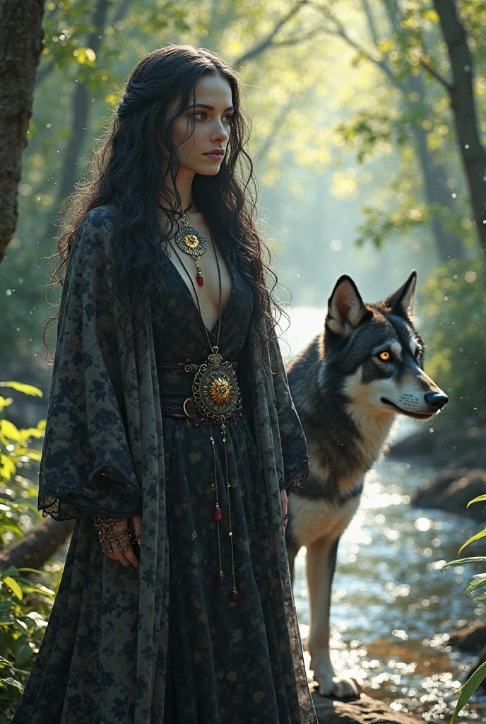 A serene half-elf female necromancer with pale skin, long black wavy ...