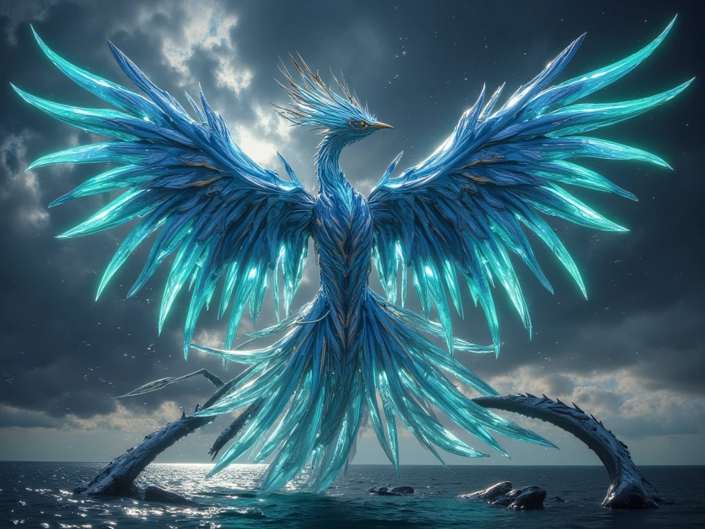 Create an aquatic version of the phoenix, a legendary Pokémon that is reborn from the water. Its wings display blue flame patterns, symbolizing water purification.