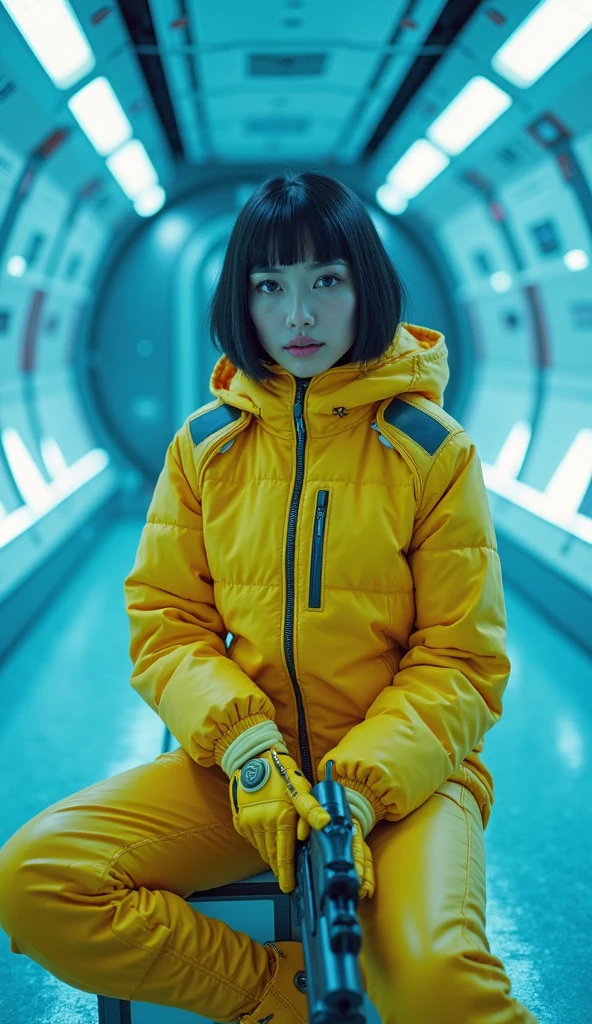 (35mm), (8K, RAW, professional, best quality, masterpiece:1.2), (realistic, photorealistic:1.37), ultra-detailed, (highest detailed skin:1.2), (highest detailed face:1.2), (highest detailed hair:1.2), kodak gold, 30 years old, a woman ShioliKutsuna01 in protective suit or hazmat suit, in space station cave, sad, cinematic light, spacesuit, <lora:ShioliKutsuna01-000003:1>, from below