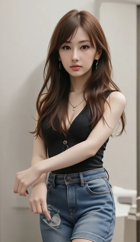 Obra maestra, La mejor calidad, ultrahigh resolution, Foto de alto detalle, Unidad 8K Fondo de pantalla, CG extremadamente detallado:1.2),(Foto RAW,:1.realistic photography:1.4), 1girll , joven, physically based representation, Lindo, (Cara finamente detallada:1.4, Ropa detallada), (Detallado:1.4) Cara hermosa, Profundidad de campo, Agregar capa, hiperrealista, 27 years old, Modelo de cuerpo perfecto, senos perfectos, 175cm de altura, pose sexy, cuerpo completo, Tipo de cuerpo del modelo, crop top, legging, Cabello largo, Eimi Fukada, doble parpado, Luxury office,floor to ceiling window,Long table,Large leather sofa chair,