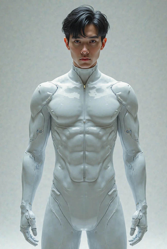 (masutepiece,High resolution,ultra - detailed:1.0),1(Boy,Robot Boy),Perfect male body,Look at the camera,Delicate eyes and delicate face,extremely details CG,Unity 8k壁纸,intricate-detail,solo person,Detailed face, (Futuristic skin-perfect white bodysuit), Best Quality, hands visible, (White Gloves), Beautiful and delicate blue short hair:1.5 , full length shot(fls) , big thighs , big hips , insane details, hyper details , photorealistic , only male , handsome boy , fat buttock , puffy nipples