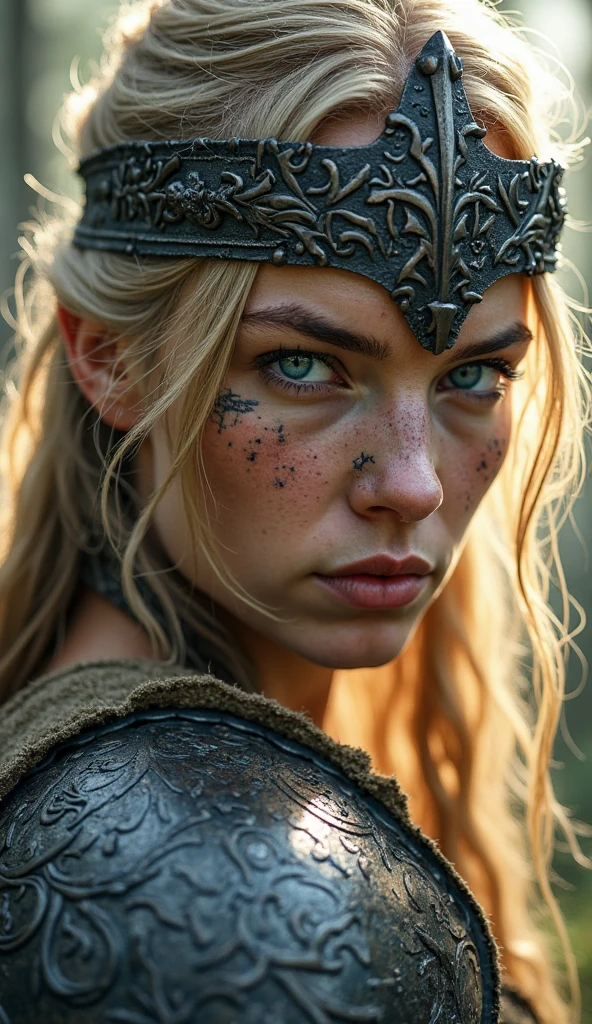 (masterpiece, high resolution, photo-realistic:1.4), (blonde-haired Viking warrior:1.3), (fierce green eyes shining brightly:1.3), (covered in mud and dust from the battlefield:1.2), (confronting the enemy:1.2), (bloodstains on her face and body:1.2), (mesmerizing green eye stands out amidst the chaos:1.2), (clad in battle-worn armor and shield:1.2), (beautifully braided blonde hair:1.2), (resolute and unwavering expression:1.2), (perfectly sculpted and slender physique:1.3), (battlefield strewn with fallen foes:1.2), (scattered weapons and debris:1.1), (thick fog and smoke from clashes:1.1), (sunlight piercing through the haze:1.2), (intense and heart-pounding atmosphere:1.2), (embodying the spirit of a valiant Viking:1.1).