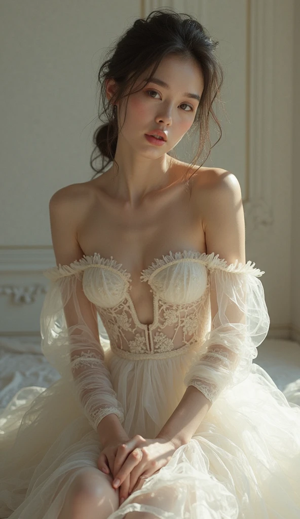 (((masterpiece:1.4, Best Quality:1.4, 8K, ultra high res, Physically Based Rendering))), Portrait, flat lighting, ultra Beautiful Sexy Woman, 24yo, (no makeup), Detailed big eyes, detailed thin eyebrows, Highlights in the eyes, (dark brown straight hair with curled end, half updo, bangs), Highly detailed facial and skin texture, Clear focus:1.2, Slender beauty:1.4, (((gigantic breasts:1.8, Burstingly Big Breasts, breasts exposed:1.2))), ((pure white wedding dress, off shoulder:1.8))), slim abs, narrow waist, slim and long beauty legs, ((detailed beautiful pussy exposed:1.2, spread pussy:1.4, pubic hair:1.9)), ((white stockings:1.2)), ((standing, facing forward)), (smile, open mouth:1.4, drooling:1.1, looking at viewer:1.1), ((night view of skyscrapers:1.4, in a Luxury poolside)),