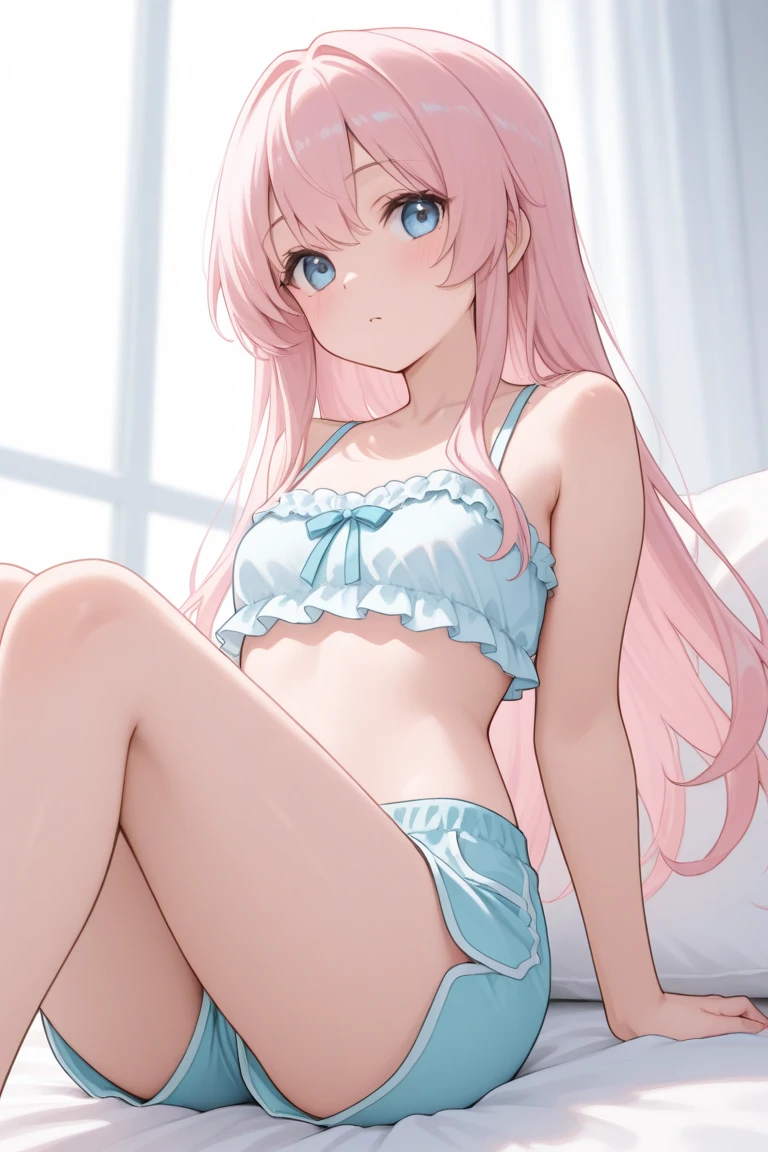 pieces fly、highest quality、High resolution、nffsw、perfect pixel、girl、cute、beautiful eyelashes, realistic eyes、smile、White and pink bra、White and pink panties、wearing only underwear、smooth texture:0.75、outdoor blue sky、Lace Floral Bra、lace floral panties、I can see your pants、beautiful hands
