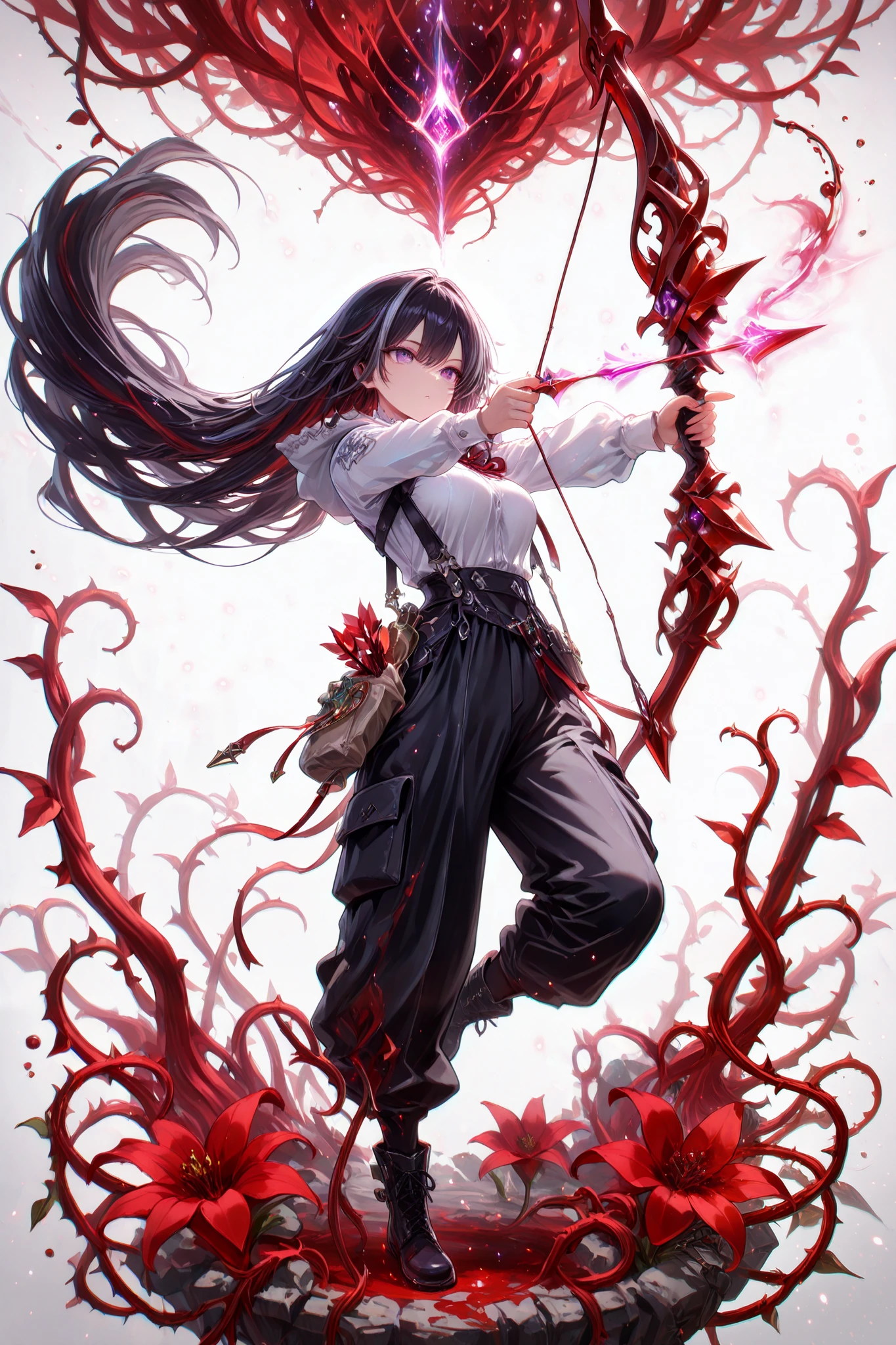 (masterpiece, best quality), amazing quality, very aesthetic, absurdres, newest, HDR, 8K, high detail RAW color art, gacha splash art, 1girl, purple eyes, multicolored eyes, black hair with pruple streaks, very long hair, medium breasts, long sleeves, black corsett, black cargo pants with side pockets, black boots, solo,  dynamic pose, Bow and arrow, cool pose, ((red vines on weapon)), surreal, white background, blood, splattered bood, red lilies, magical, fantasy, magic, glittering, glow, chromatic aberration, glowing particles,, clear eyes, perfect eyes, perfect anatomy