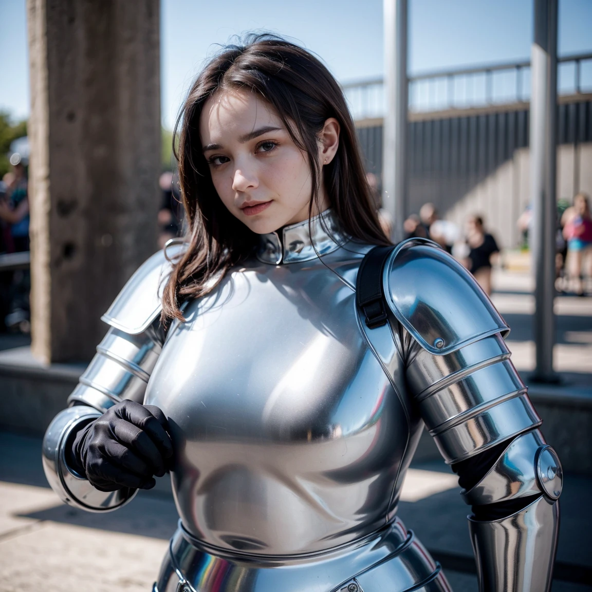 alexis texas anime 3d Photorealistc, high quality, silver chest armor, full make up, huge eyelashes, large earrings, Black t-shirt, Dark lips, outdoor, sunlight, flowers on tiara