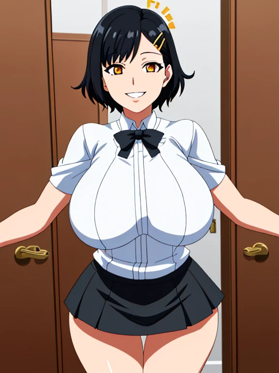 (masterpiece, best quality, highres, dragon ball, Gine, black hair, blunt bangs, short hair, Bulma playboy bunny outfit, playboy bunny, rabbit ears, blue pantyhose, red bowtie, wrist cuffs, black leotard, large breasts, cowboy shot, smile, ((groping boobs:1.2)), indoors, nipples, leaning forward, 2 arms, (groping own boobs)