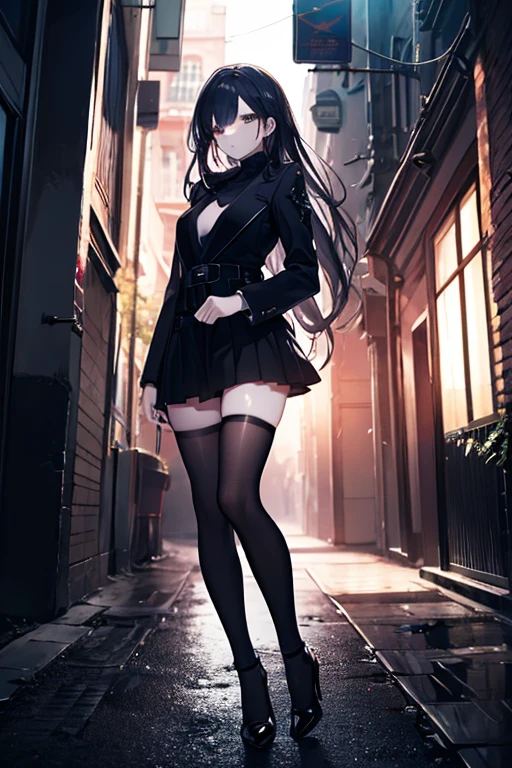 ((Biologically correct limb count)),(( From head to toe,Full-body photo including face)),4K,((Standing position)),masterpiece,((Focus on the face)),((Symmetrical facial features)),Eyes with detailed description,Beautiful woman,Great style,Beautiful arms,Beautiful legs,Beautiful Hands,(Small Ass,Thin thighs),Facial detailing,Small earrings,necklace,(Tricolor patent leather blazer,Checked mini skirt((Black high heels,Black patterned stockings))),Realistic photo,Lying on the floor,Low angle photo,A little panchira,