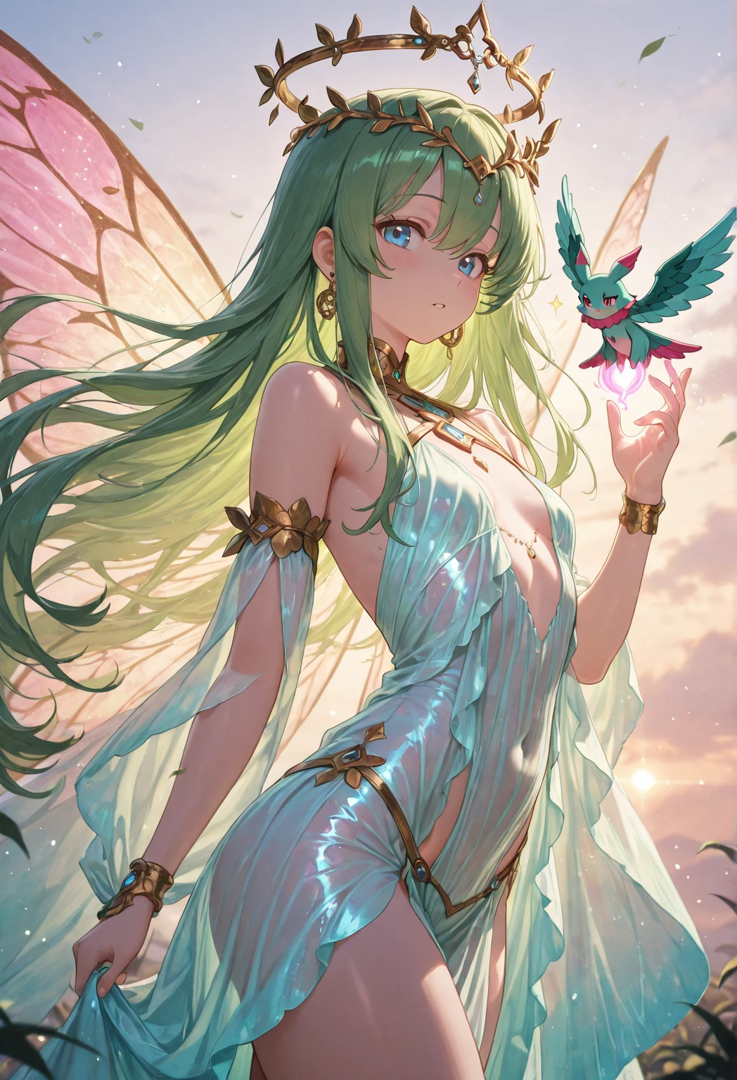 1girl, long hair, green hair, dress, moth wings, (zentangle, mandala, tangle, entangle:0.6), flower, solo, butterfly, fairy wings, barefoot, hair ornament, white dress, bug, very long hair, hair flower, thighhighs, green dress, fairy,((shiny skin, voluptuous, sexy, skindentation, ultra detailed, ultra sharp, extreme light and shadow, masterpiece)), butterfly wings, green eyes, sitting, looking at viewer, full body, barefoot sandals, jewelry