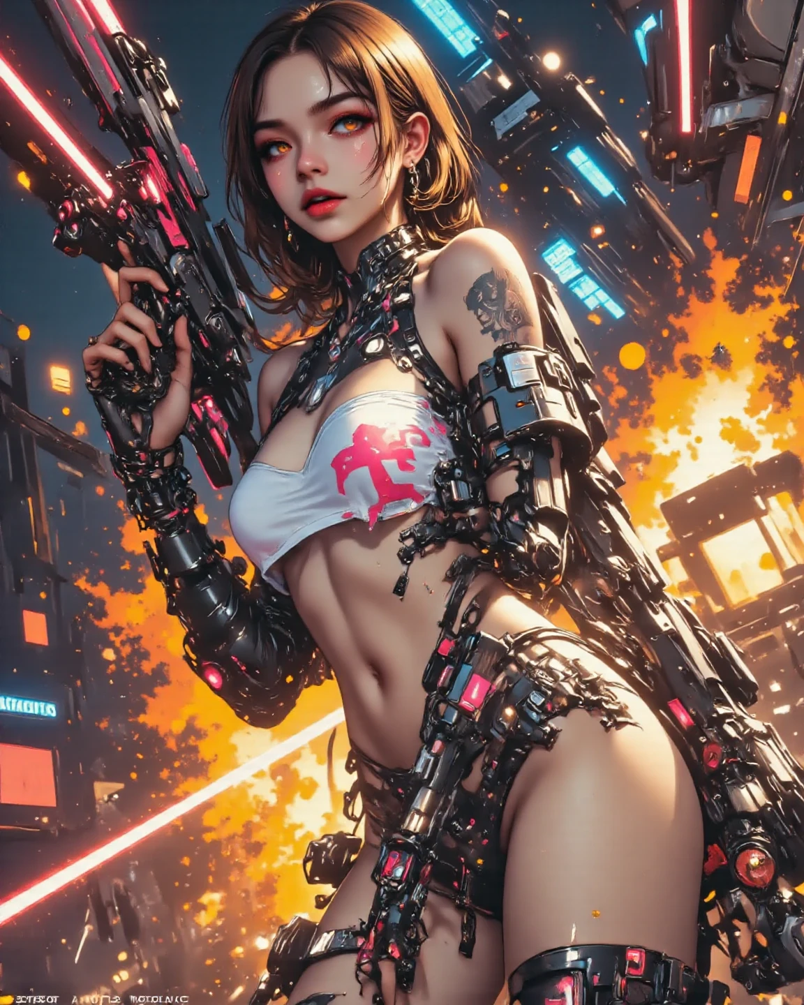 Master piece, best quality, graphics, colors and textures, cyber tattoed girl, precious face and body, big and rounded ass, mechanical body parts in a tattoo studio