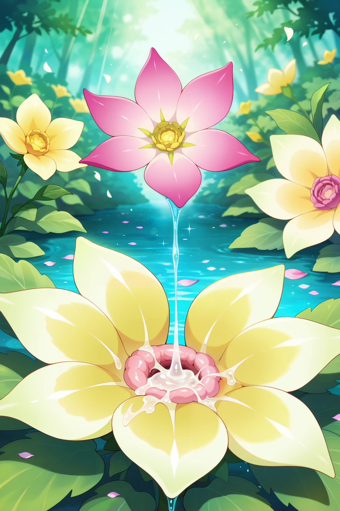 highres, newest, anime_screenshot, anime_coloring, 2d, 1girl, detailed face, delicate facial features, serious expression, spread pussy, dripping cum, lush garden background, sunlit atmosphere, soft flower petals, sparkling water, intricate foliage, 8k, ultra-detailed, vibrant colors, cinematic lighting, masterpiece, digital painting