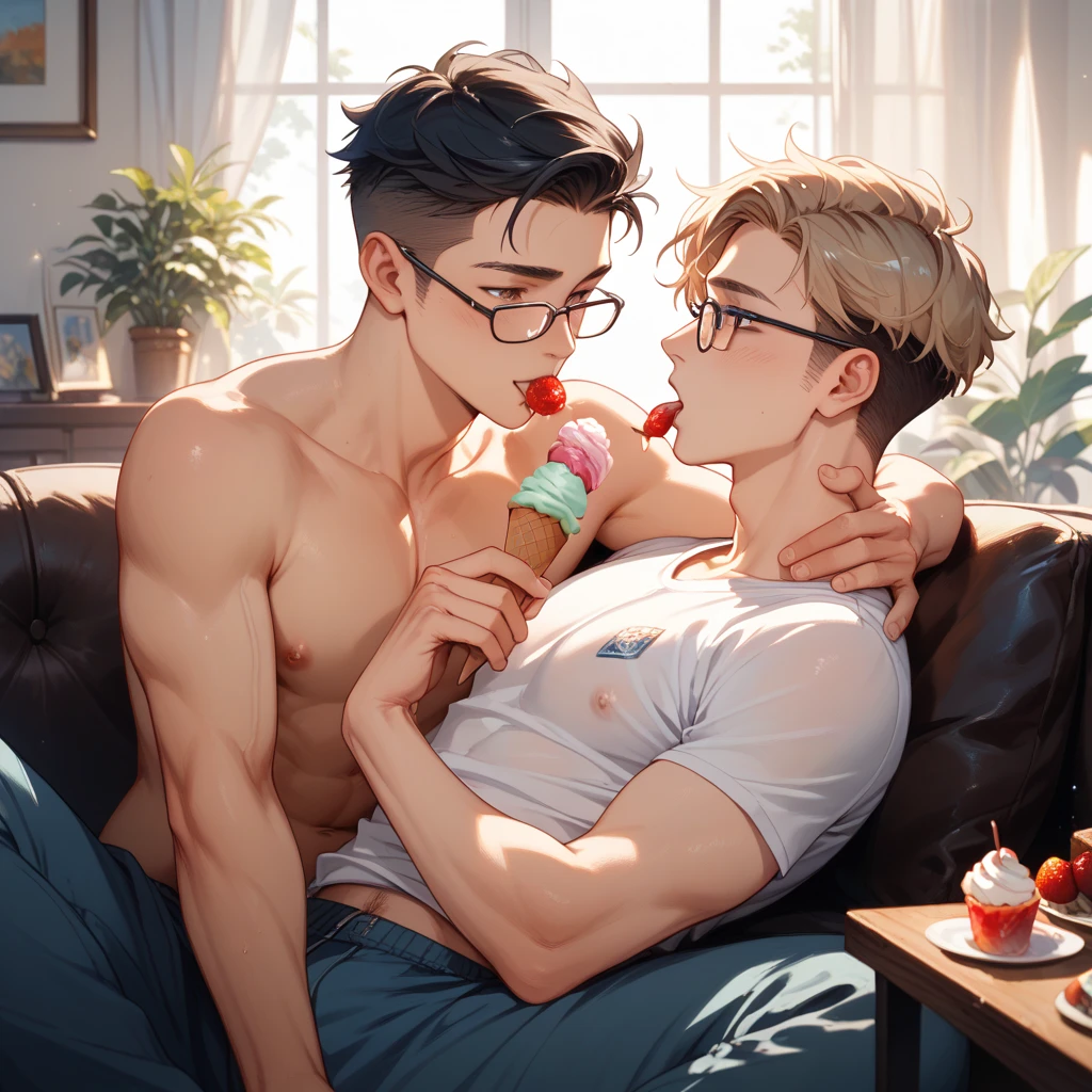 Athletic man with short hair and a strong figure、and a two-block man with medium to medium back glasses、The two are a gay couple 、sit on the sofa in the living room、eating ice cream