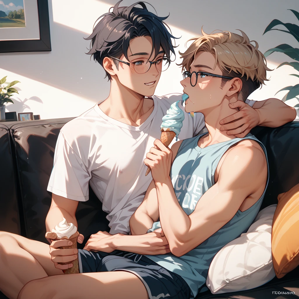 Athletic man with short hair and a strong figure、and a two-block man with medium to medium back glasses、The two are a gay couple 、sit on the sofa in the living room、eating ice cream