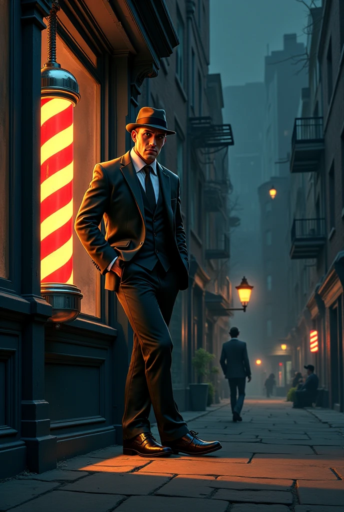 Gangster cartoon character, Leaning against a barber shop 💈, night, Medium pole light