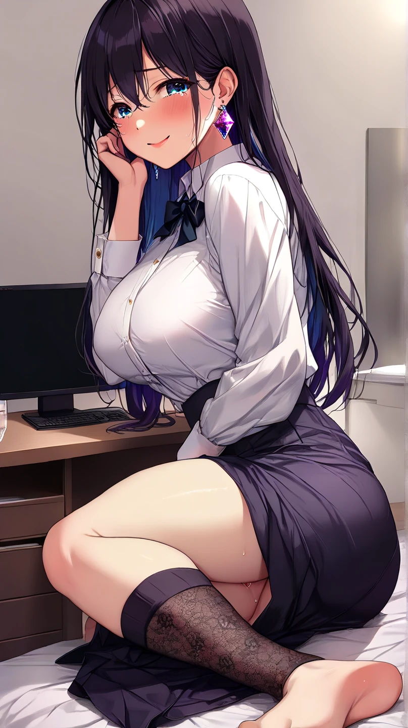 Character Details:, - Gender: 1 Girl.
- Style: Anime, - Body Type: Attractive body, slim body, nice legs, slim tights, nice arms, nice shoulders. - Breast: Small Breast
- Facial Features: Beautiful, Gorgeous, Teenager, Fresh, Young.
- Expression: Teeth Smile, Pink Blush on Face, Sexy Eyes, Sexy Look, Innocent Look., - Hairstyle: Blunt Bangs, Long Hair. - Hair Color: Dark Purple Hair.
- Clothing: Sailor Uniform. - Body Pose: Clasp Knees
- Behaviour: Waiting, Want Something, Secretly.
- Accessories: Earrings., Environmental Details:, - Setting: Office Room., - Lighting: Natural Light., - Decoration: Modern Office Desk, Chair, Window, White Curtain, City View., pov, anime style, UHD, retina, masterpiece, accurate, anatomically correct, textured