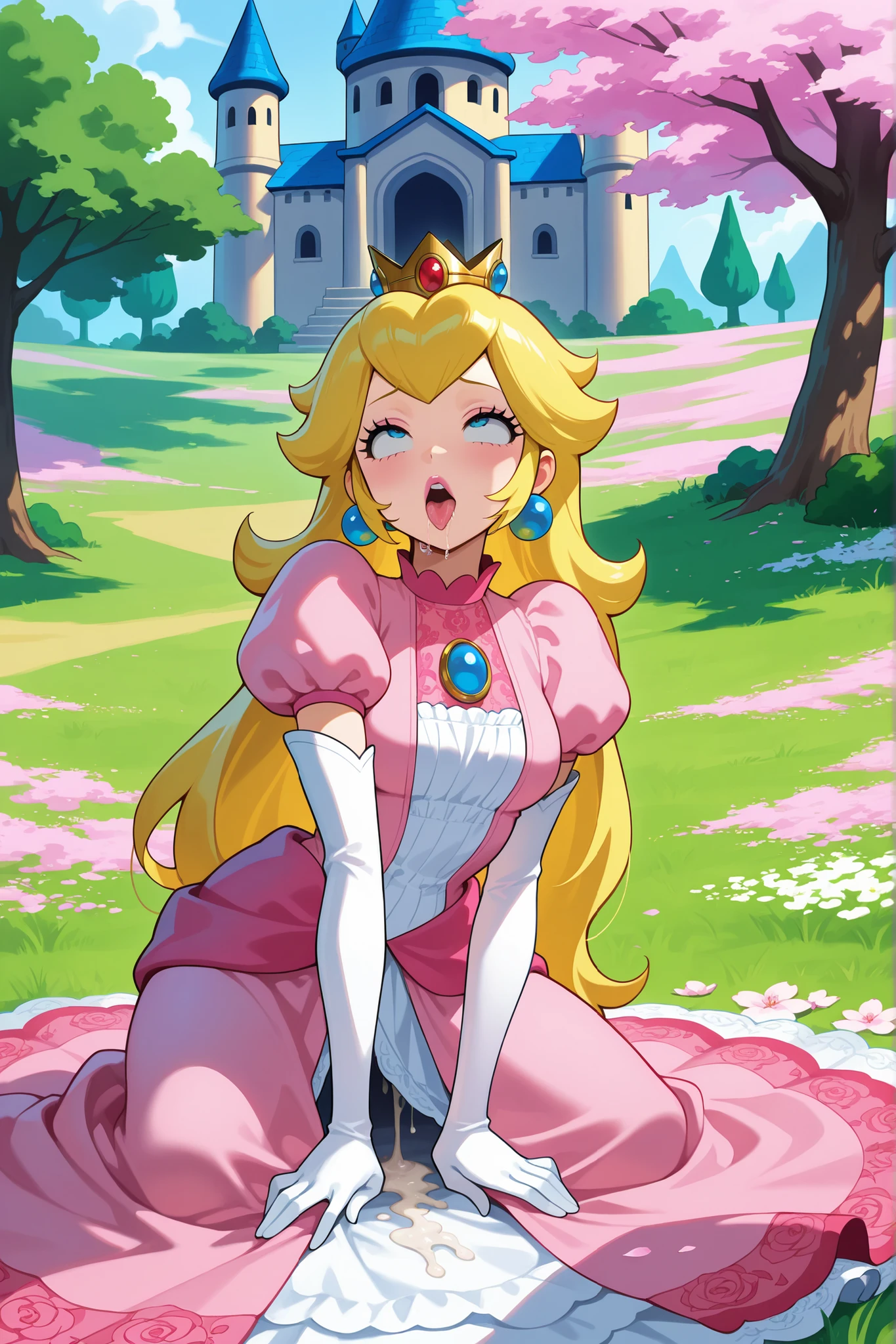 highres, newest, anime_screenshot, anime_coloring, 2d, 1girl, ahegao, princess peach, cumdrip, intricate, highly detailed, porcelain skin, long flowing hair, seductive expression, saliva dripping, lewd pose, fantasy castle, sunlit meadow, lush greenery, pink cherry blossoms, dramatic lighting, digital painting, cinematic, hyper detailed, 8k, photorealistic