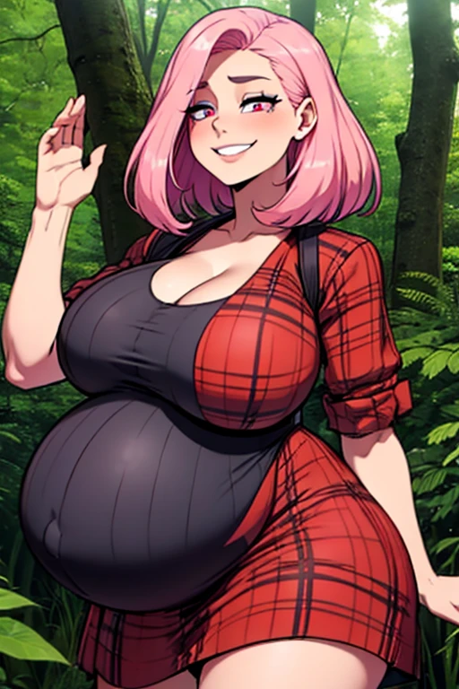 older woman in her 30s, with pink hair and a tall, curvy body, breasts big, in this, (work of art, best qualityer:1.2) wearing the legendary great black dress of the mystical sorceress, Big witch hat, pregnant, standing alone, alone, pink massive hair