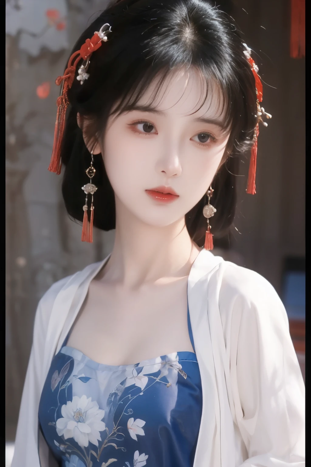 ( masterpiece, top quality, best quality, official art, beautiful and aesthetic:1.2), (1 Girl:1.3), flat chest, extremely detailed,(Fractal Art:1.1),(Flowers:1.3),Highest Detail,(dynamic pose), (background:1.3), (Traditional Chinese blue and white clothing:1.2), (Glossy Skin), ( many colors :1.4), ,(earrings:1.1),