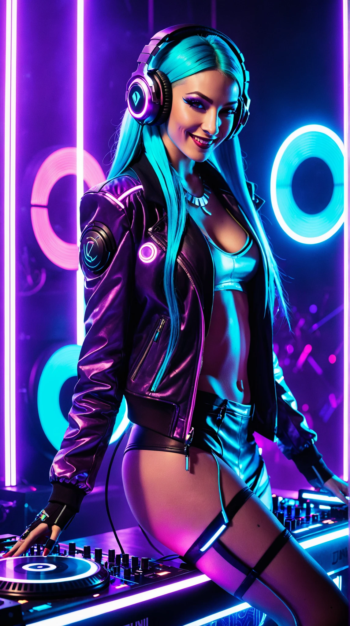 A beautiful wild woman with a sexy rough look, blue hair, bright blue eyes, (full body:1.5), (acid design:1.6), hyperrealistic, 8k, vibrant colors, sharp crisp image