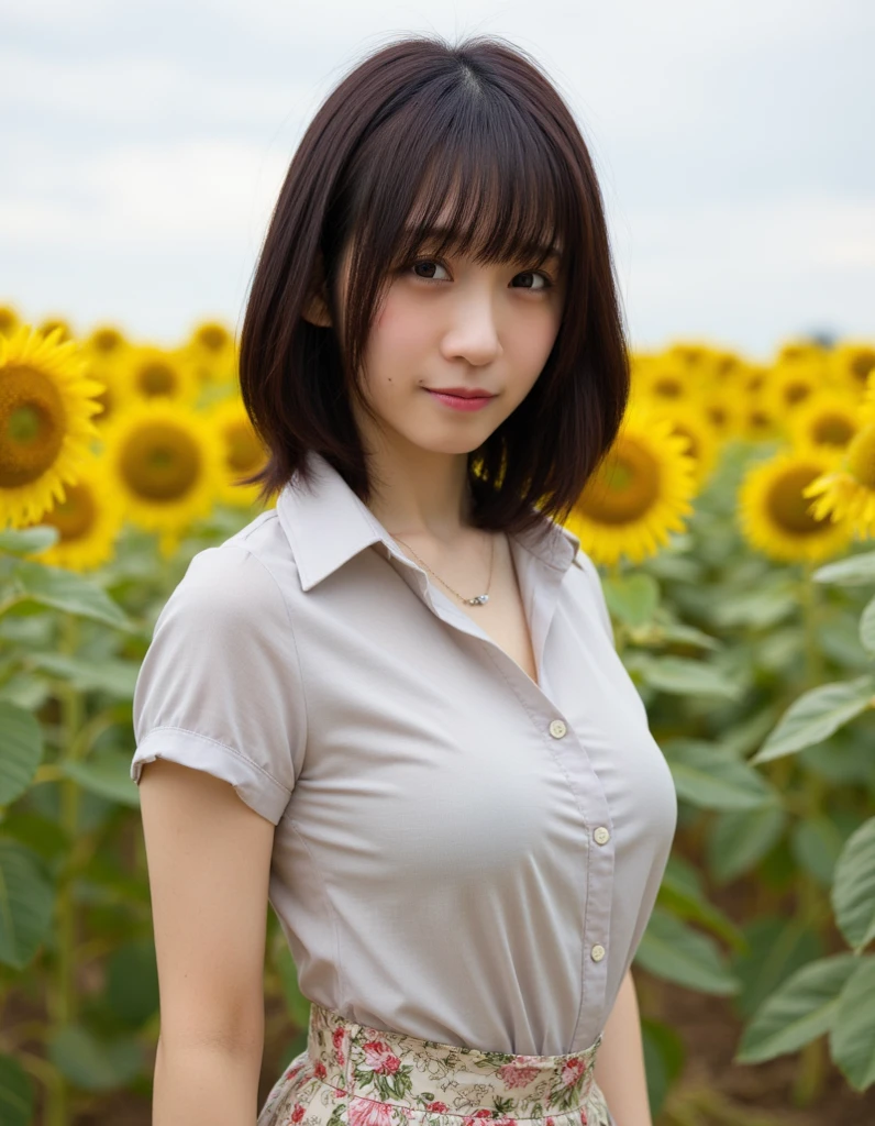 i0r1n. A photograph of a woman with fair skin and short, dark brown, straight bob haircut with bangs that frame her face. She has a slender, petite physique with a small waist and a flat stomach. Her breasts are medium-sized. She is slightly smiling at the camera. She is wearing a collared shirt, and floral-patterned high-waisted long skirt. Around her neck, she has a delicate silver necklace with a small pendant.
The background is dominated by the vibrant yellow sunflowers, which create a sea of color extending to the horizon. The sky is clear, with a few scattered clouds, and the overall atmosphere is serene and picturesque. The texture of the sunflower leaves and the soil is visible, adding depth to the scene.
sex,