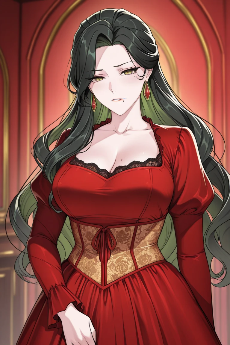 solo, indoors, standing, upper body, looking at viewer, evil smile, parted lips, red dress, earrings, necklace, high quality,