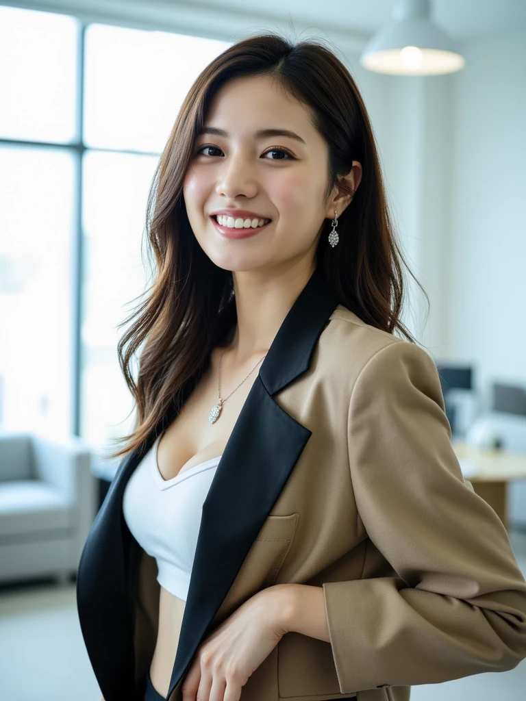 (Highly detailed CG Unity 8K wallpapers, Highest quality, Very detailed, Looking at the camera:1.2, The light shines on your face:1.5, Gray background, Professional Lighting), Upper Body, 20-year-old Japanese female paralegal. Hair length is medium, dark, Back to practical style; Oval face and well-defined eyebrows, Intelligent almond-shaped eyes, Straight nose, and a gentle tone. Outfit includes a tailored blazer, Crisp white shirt, discreet pendant necklace, It symbolizes her efficient and focused personality., front, Mid Shot, smile, mini skirt, pantyhose, High heels, Perfect beauty, office worker, ((Perfect beauty)), Slim legs, At a stylish open cafe in an office district, ,