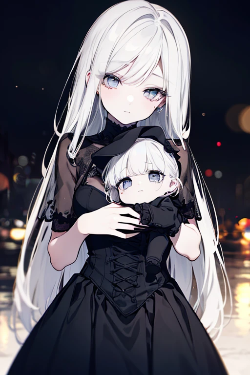 gothic lolita woman, Laced Up on Your Back ,beautiful face,expression of sorrow,black&white dress,long hair,long eyelashes,and my skin is white,Delicate hands,Dark Fantasy,Gothic Makeup,dark atmosphere,mysterious,4K,Ultra Fine,realistic,Professional,Bokeh,perfect lighting,Deep Shadow,dark tone,Delicate Color