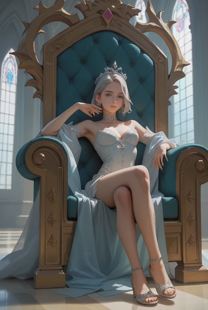 Best quality, highly detailed, masterpiece, super detailed, (realism: 1.2), 1 girl, (white background), simple background, delicate eyes, silver hair, purple eyes, hair_ornament, (white off-the-shoulder shirt: 1.3), long hair, pointed ears, crown braids, expressionless face, straight hair, (++ sitting: 1.2), big breasts, --auto