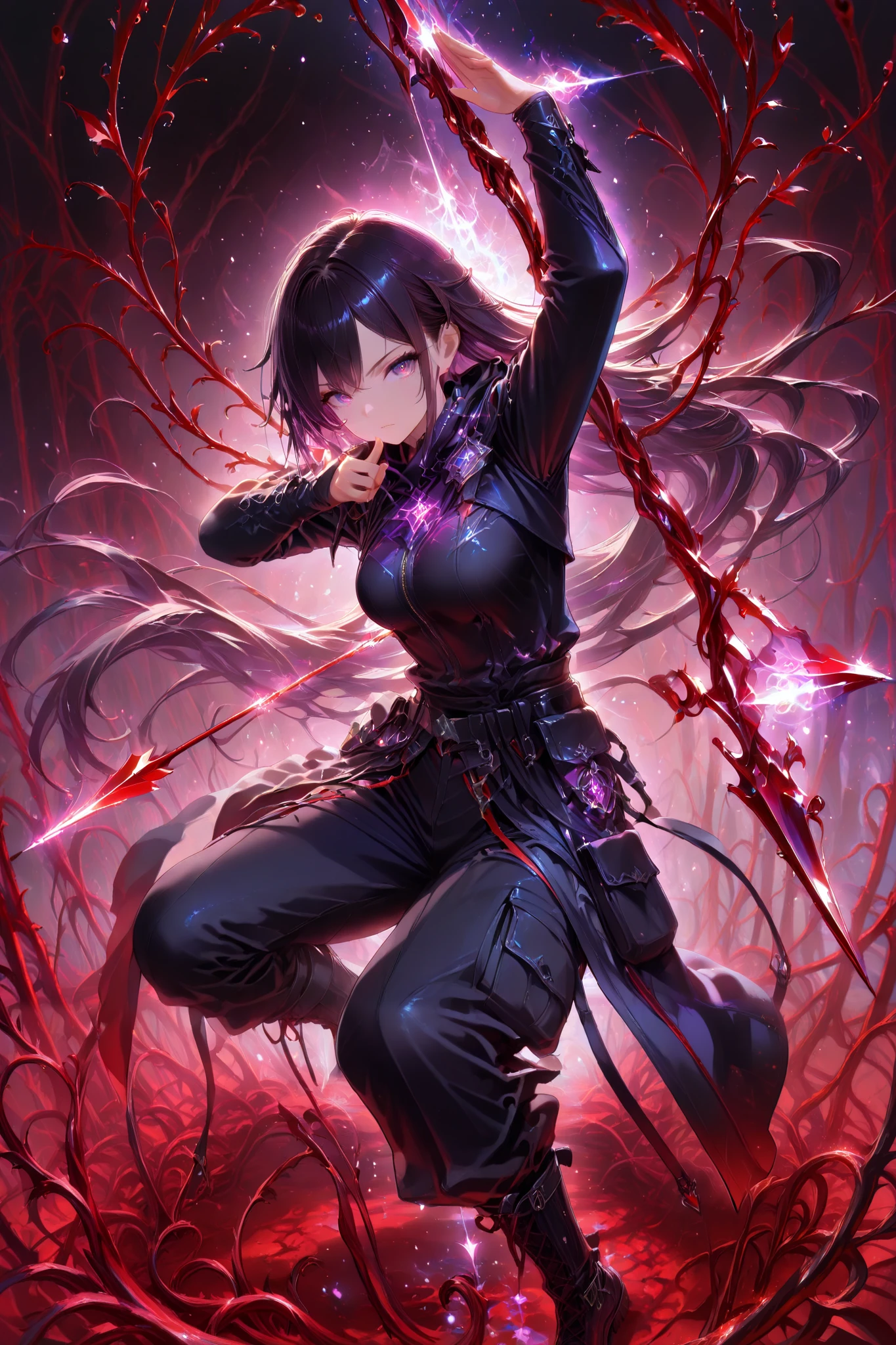 (masterpiece, best quality), amazing quality, very aesthetic, absurdres, newest, HDR, 8K, high detail RAW color art, gacha splash art, 1girl, purple eyes, multicolored eyes, black hair with pruple streaks, very long hair, medium breasts, long sleeves, black corsett, black cargo pants with side pockets, black boots, solo, dynamic pose, Bow and arrow, cool pose, ((red vines on weapon)), surreal, white background, blood, splattered bood, red lilies, magical, fantasy, magic, glittering, glow, chromatic aberration, glowing particles,, clear eyes, perfect eyes, perfect anatomy