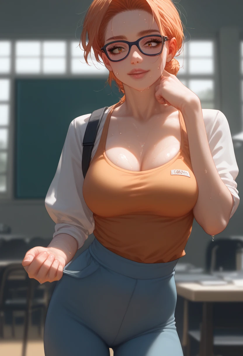 A girl in a class . She is a teacher. She has short orange hair. She has blue eyes . She is wearing a white shirt but her boobs are showing. She has big boobs. She is wearing glasses . She is blushing