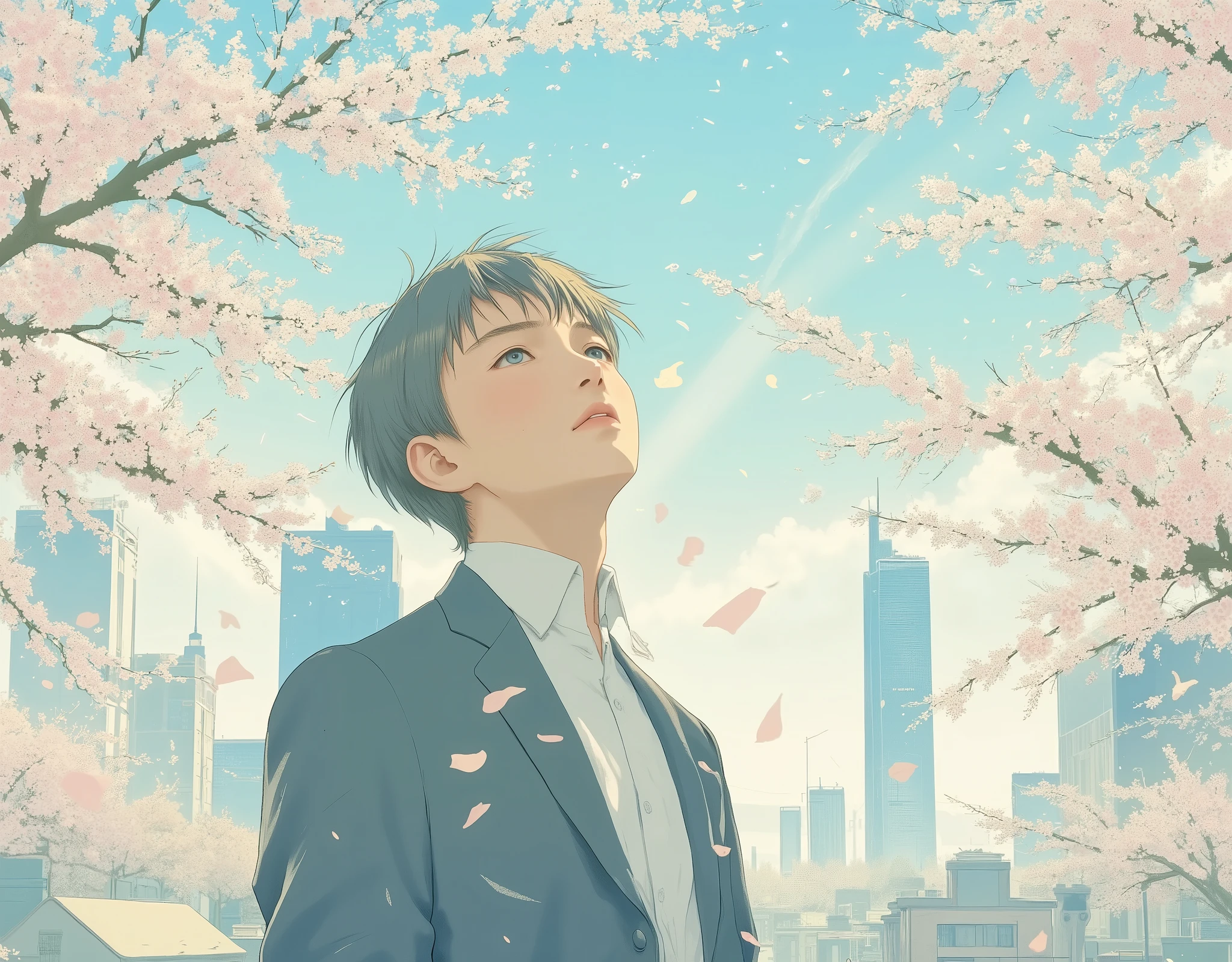 Cherry trees in full bloom々An afternoon in a Japanese city surrounded by。a young man walking through an urban cityscape。彼はNew social personです。彼はnervousした面持ちの表情で空を見上げています。Beautiful cherry blossom petals are scattered as if celebrating his departure。warm sunlight shines through pink flowers、creating a warm anime-style scene。New social person、suit、Hopes and fears、depth of field、full body、modern、 calm、nervous、handsome