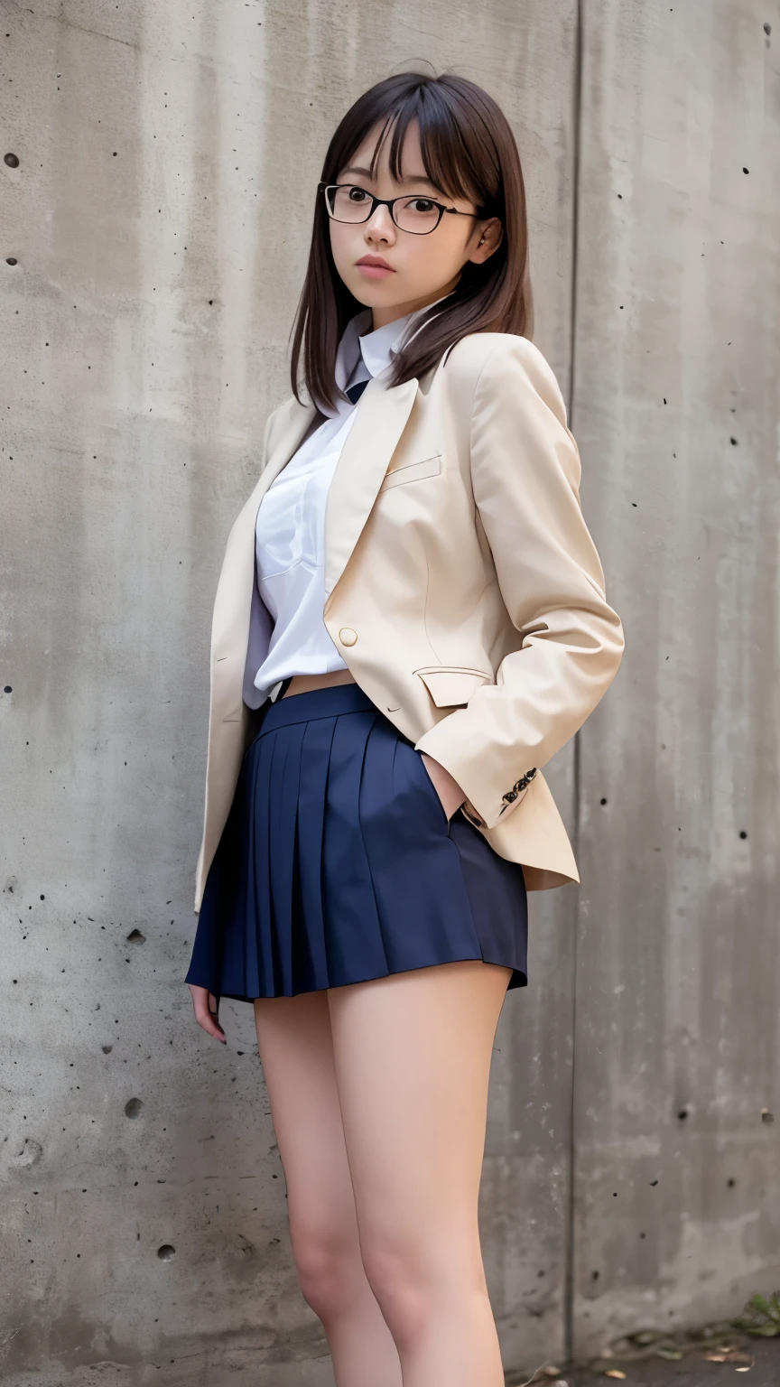 white collared shirt, blazer, bowtie, necktie, pleated skirt, micromini skirt, bobby socks, , white socks, loafers, school shoes,striped panties,(( pantyshot, panties shot)),,skirt up.cowboy shot.spread legs.((full body)).23yo .pee stain