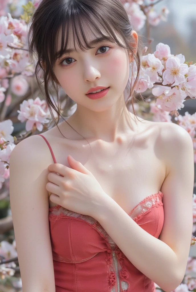 ((Full nudity))、(((masterpiece, Highest quality)), 1 girl, (Realistic: 1.4), alone, Pink Background, Dark brown hair, ((blunt bangs))、hime_cut、Long Hair,smile、 ((whole body)), Very beautiful woman、Slender women、(Detailed face)、Realistic Skin、((Delicate photo)),(Girl Masterpiece RAW Photo Details:1.25), (Highest quality:1.6), (Ultra-high resolution:1.5), (Realistic:1.75),8k resolution, ,50mm,Absurd, Ultra-detailed,Cinema Lighting、Gravure idol、((Lots of flowers))、Flower Art、Rear View